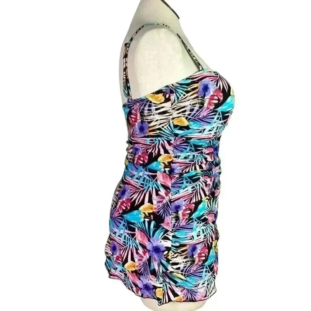 Shore Shapes Women 18 Tropical Floral One Piece Swimdress Multicolor Tiki Pin Up